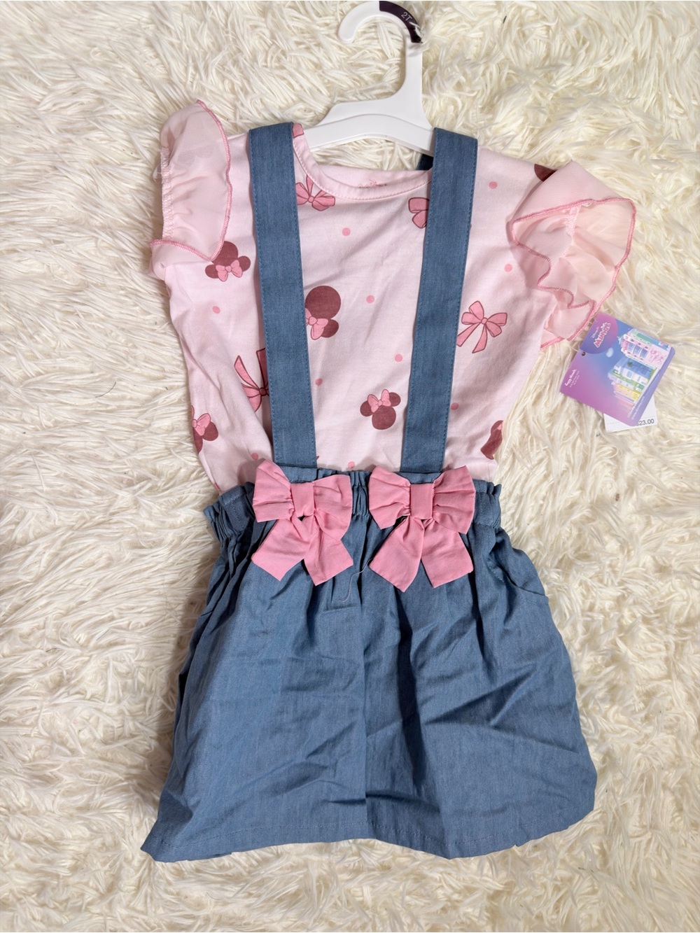 Minnie Disney Girls Pink Bow Print Top with Blue Suspender Skirt 5T NWT